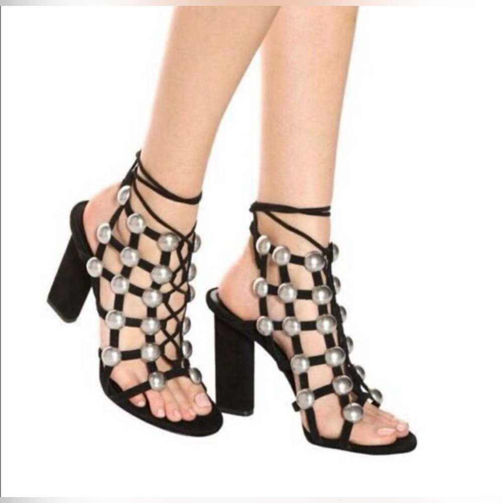 Alexander Wang Rubie Sandals Black Suede Leather Gladiator Lace-Up Heels 36.5